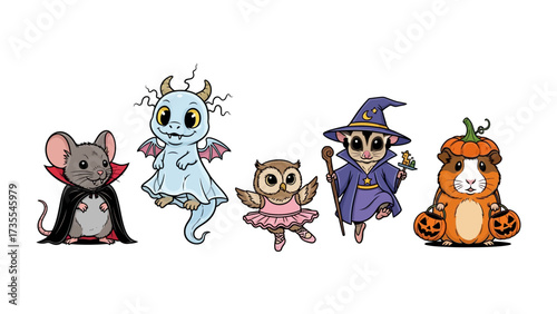 Whimsical Halloween Creatures: A collection of adorable, cartoonish creatures dressed in festive Halloween costumes, creating a delightful and playful atmosphere.