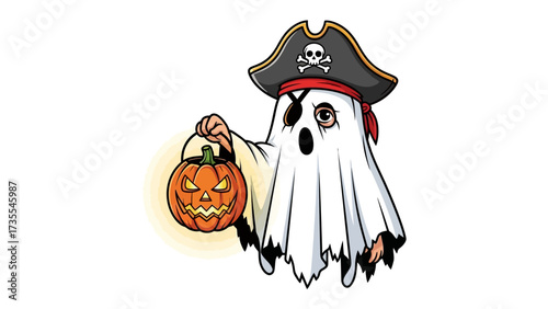 Halloween Pirate Ghost: A whimsical illustration of a ghostly figure dressed as a pirate, complete with eye patch, hat and a carved pumpkin lantern, evoking a playful and spooky atmosphere.