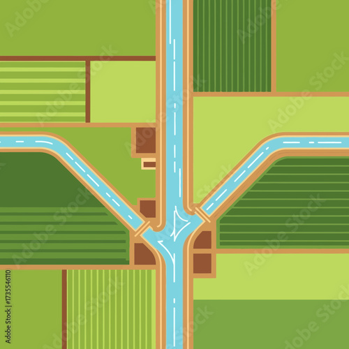 Aerial view of a rural landscape with fields and a river.