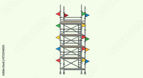 Tall scaffolding structure with colorful flags against a light background.