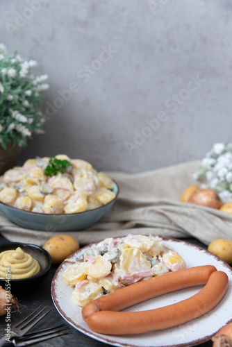 angerichteter Kartoffelsalat mit Wiener in einem kühlen Look auf einem Tisch aus Holz für die winterliche oder weihnachtliche Zeit