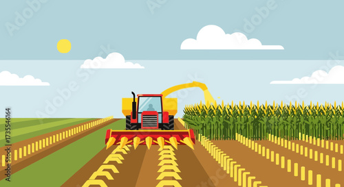 Tractor harvesting corn in a field under a sunny sky.