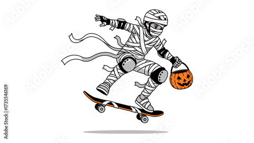 Skateboard Mummy’s Halloween Adventure: A mummy, swathed in bandages, effortlessly glides on a skateboard, clutching a jack-o'-lantern treat basket. A fusion of Halloween and sport