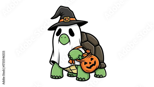 Halloween Turtle Fun: An adorable turtle dressed in a ghost costume and witch hat, holding a jack-o'-lantern candy basket. A cute and whimsical illustration perfect for Halloween.