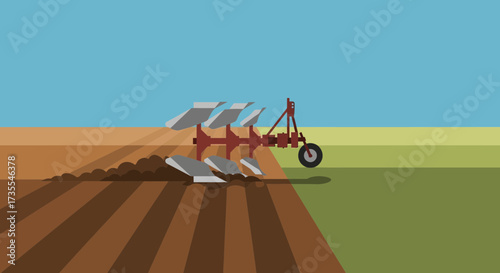 Agricultural plow tilling brown earth under a blue sky.