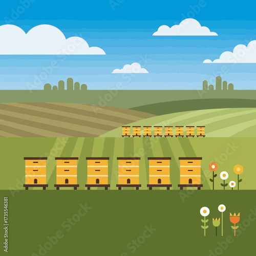 Beehives in a field with flowers and rolling hills.