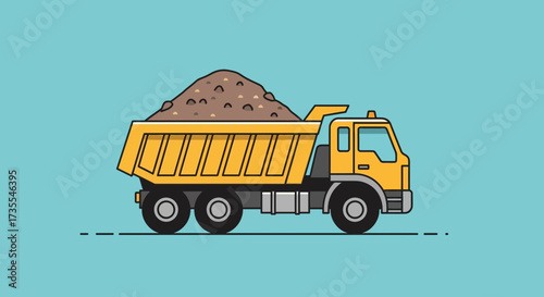 Yellow dump truck carrying dirt against a blue background.
