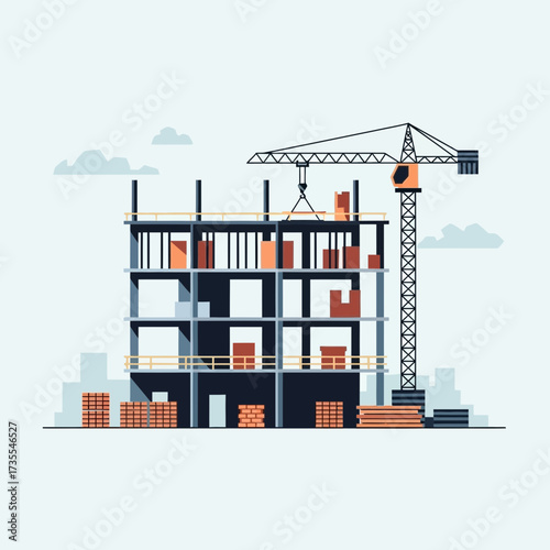Building under construction with crane and materials.