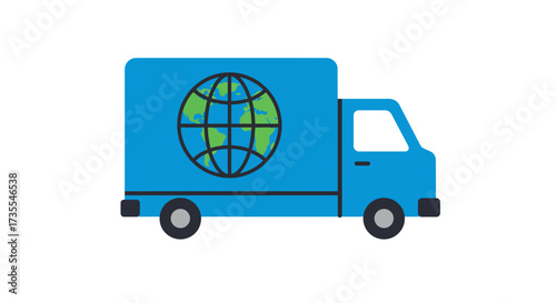 A blue delivery truck with a globe on its side