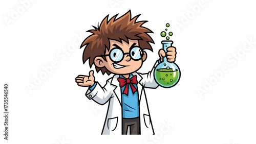 Young Scientist's Discovery: A bright-eyed young scientist, filled with curiosity and wonder, holds a bubbling beaker of a green substance. Embracing the excitement of experimentation and discovery.