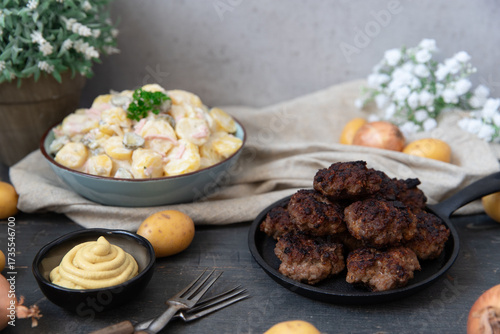 angerichteter Kartoffelsalat mit Wiener in einem kühlen Look auf einem Tisch aus Holz für die winterliche oder weihnachtliche Zeit