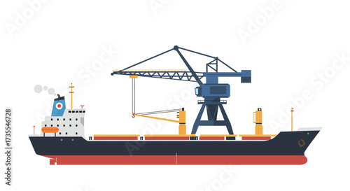 A cargo ship features a large blue crane in the middle of the deck on a white background
