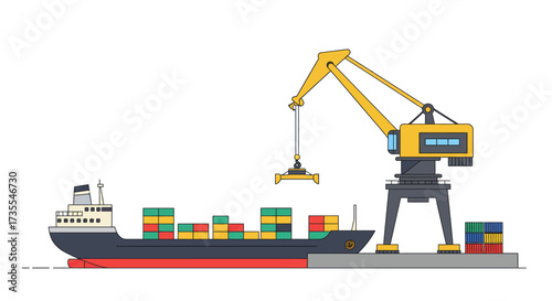 A cargo ship is being unloaded by a crane at a port with shipping containers in view