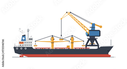 A cargo ship is shown at dock loading freight with cranes