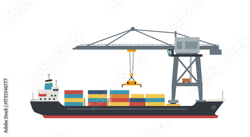 A cargo ship sits docked below a large gray crane for loading containers