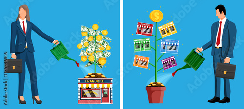 Woman and man grow business through franchise concept. Expanding company with watering money plant and store sprouts for success.