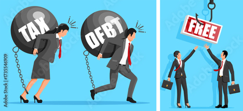 Woman and man burdened by tax and debt, while another woman and man reach for a free bait trap. Business financial problems and misleading offers concept.