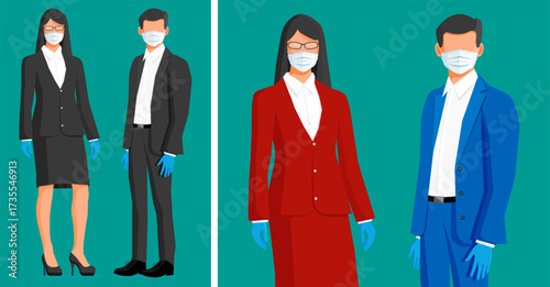 Business people, man and woman, wearing protective face mask and gloves. Office worker protection from virus during Coronavirus pandemic.