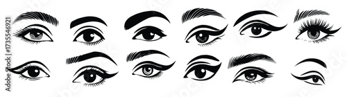  set of female eyes eyelashes eyebrows different types vector illustration