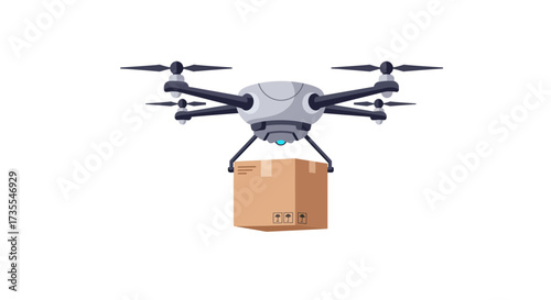A drone holds a brown box