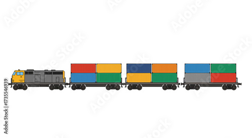 A freight train with colorful shipping containers rolls on a white background