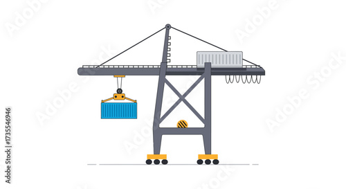 A gray crane with a blue container located at a loading dock