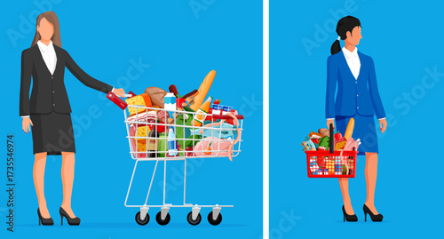 Woman pushing a shopping cart full of groceries and woman carrying a full shopping basket. Concept of food purchases and grocery.