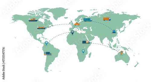 A world map illustrates global transport routes with ships trucks trains and pinpointed locations