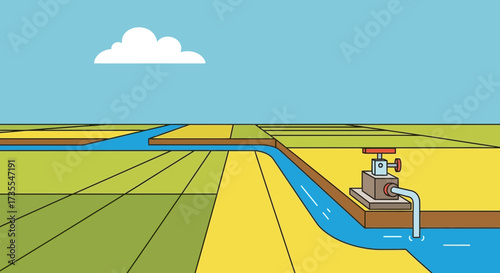 Agricultural fields with irrigation channels and a water pump.