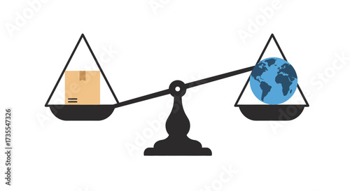 Balancing scale shows a brown package on one side and a blue globe on the other with the globe outweighing the package