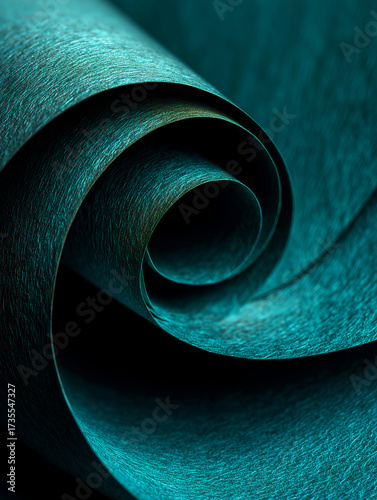 An abstract macro photograph of a swirling roll of textured teal-green paper, creating an elegant spiral shape with dramatic shadows