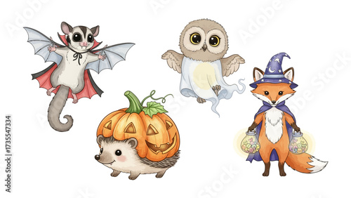 Whimsical Halloween Creatures: A charming, hand-drawn illustration presents a delightful ensemble of creatures celebrating Halloween, with each sporting playful costumes and endearing expressions.