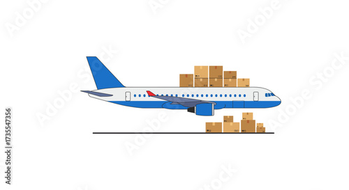 Airplane with cargo boxes stacked on its fuselage and under the wing sitting on a tarmac