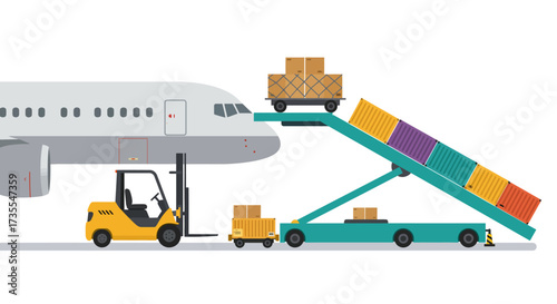 An aircraft is being loaded with cargo by machinery and a forklift on the tarmac