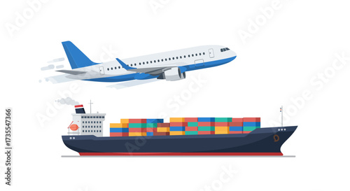 An airplane flies above a container ship illustrating global trade transport