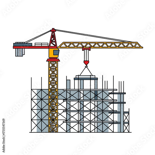 Crane lifting structure at construction site with scaffolding.