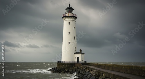 Wallpaper Mural White lighthouse against dramatic sky and ocean with pier Torontodigital.ca