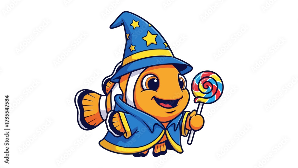 Fototapeta premium Clownfish Sorcerer: An enchanting cartoon image of a clownfish adorned in a wizard's attire, clutching a swirling lollipop, radiating an aura of magical charm. 