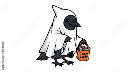 Spooky Raven's Halloween Delight: A clever raven dressed as a ghost clutches a trick-or-treat bag, ready to celebrate Halloween in spooky style.