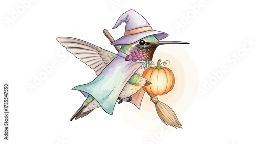 Hummingbird Witch: A charming hummingbird dons a witch's hat and cloak, clutching a pumpkin and broom, ready for Halloween festivities. An illustration that captures the magic of Halloween