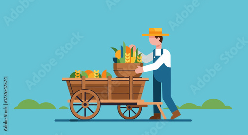 Farmer loads harvest into a wooden cart under a blue sky.