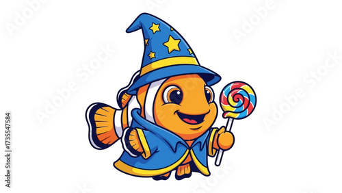 Clownfish Sorcerer: An enchanting cartoon image of a clownfish adorned in a wizard's attire, clutching a swirling lollipop, radiating an aura of magical charm. 