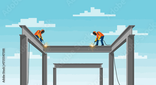 Workers weld steel beams on a building construction site.