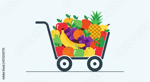Shopping cart overflowing with colorful fresh fruits.