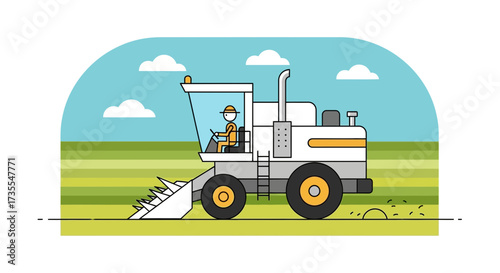 Combine harvester working in a green field under a cloudy sky.