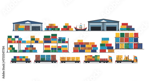 Depicts a port scene wcontainers warehouses train cars trucks boat all isolated against a white background