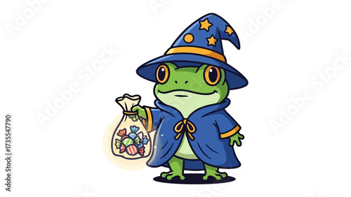 Wizard Frog's Treats: A charming illustration of a whimsical frog, adorned in a wizard's garb and carrying a bag of treats, embodying the playful essence of fantasy and magic.