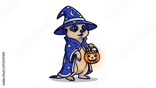 Meerkat Sorcerer's Halloween: A whimsical meerkat dressed as a sorcerer, clutching a jack-o'-lantern bucket, ready for a magical Halloween celebration.