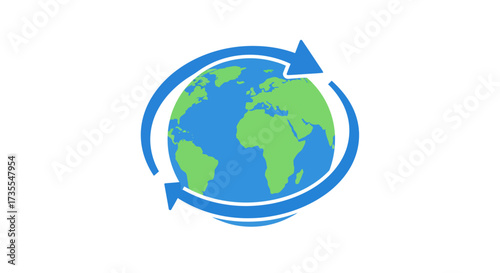 Globe encircled by a blue arrow with heads at opposite points highlighting continents