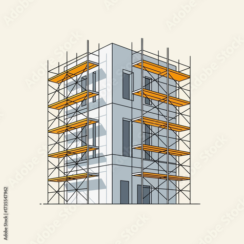 Building under construction with scaffolding and windows.